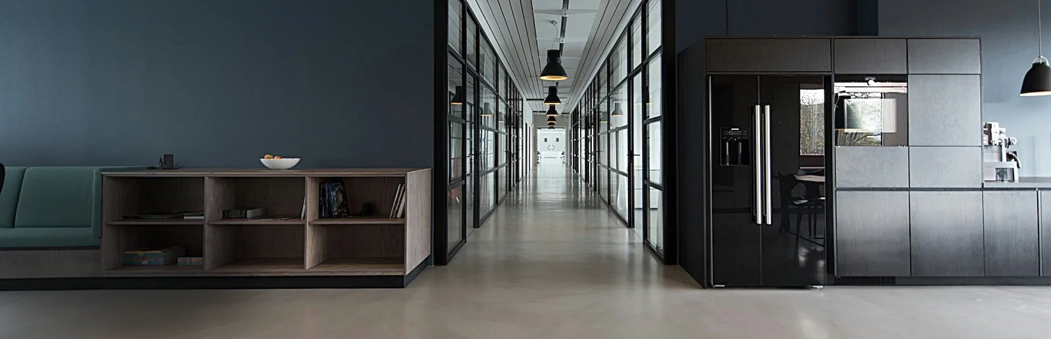 Company office with a large hallway and reception.