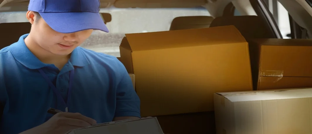 A delivery man checking a list of packages to ensure correct delivery.
