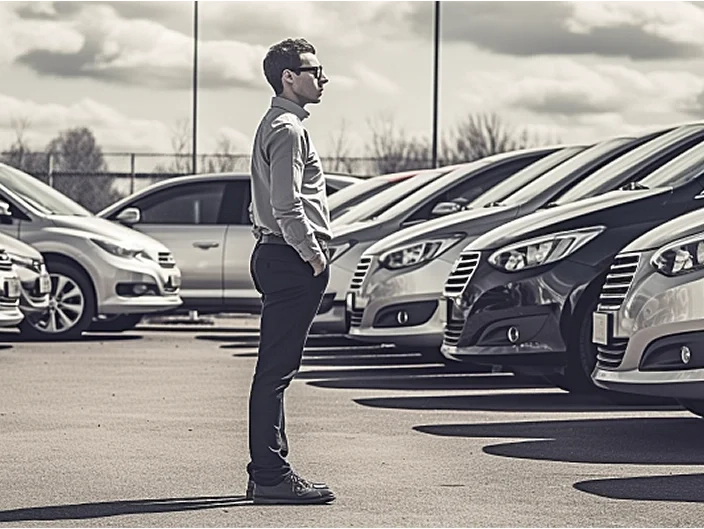 A man standing in front of a group of cars.