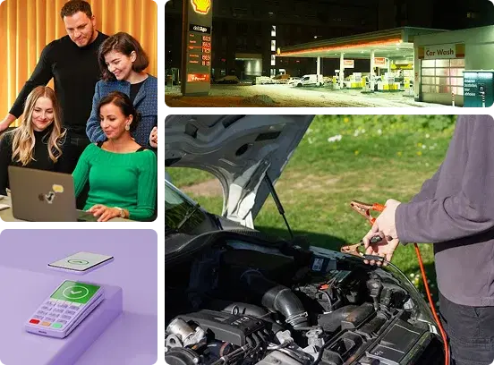Collage: POS, fuel station, team with laptop, and jumpstart. Uprides fleet solutions.