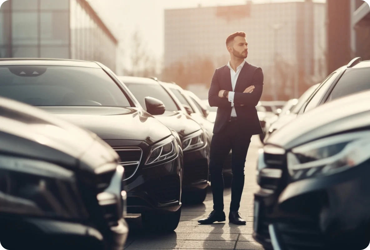 Man standing among a fleet of cars.