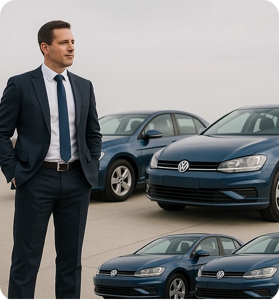 Fleet owner standing with multiple vehicles.
