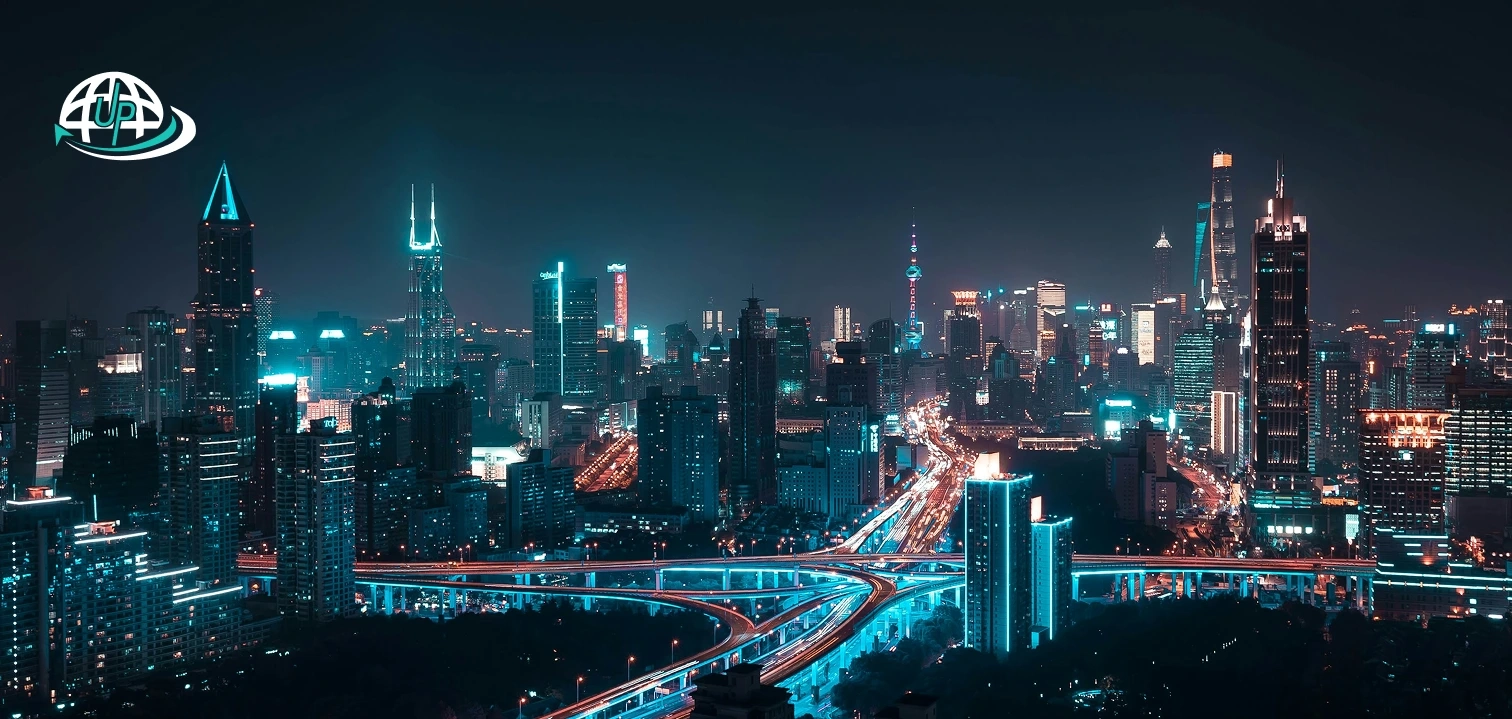 Cityscape with lights and buildings.